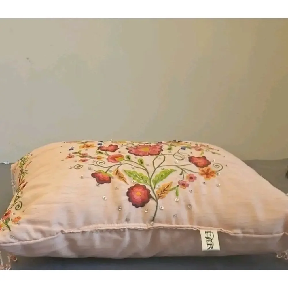 I T R Pillow 14X17 Embroidered and Embellished Flowers Pink Background